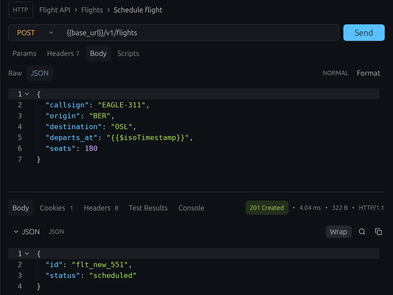 JSON body editor in Vim Normal mode.