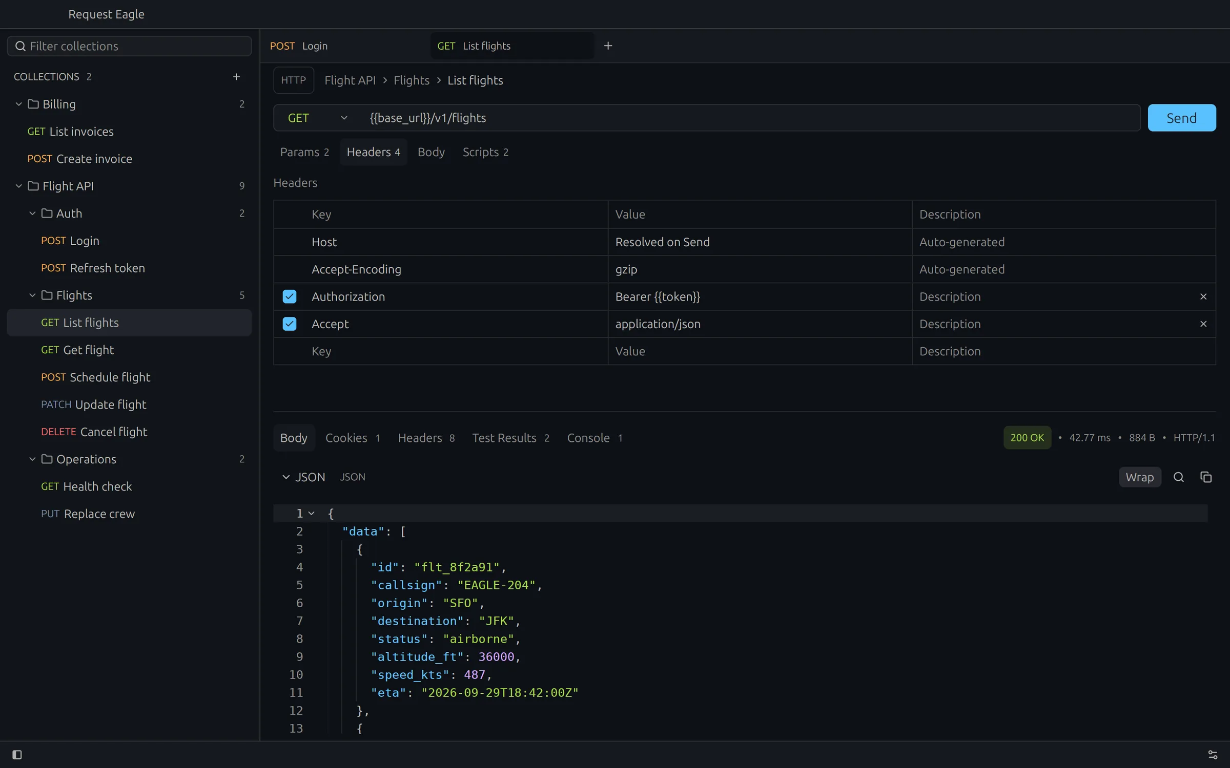 Request Eagle showing a collection sidebar, a GET request and a formatted JSON response with a 200 OK status.